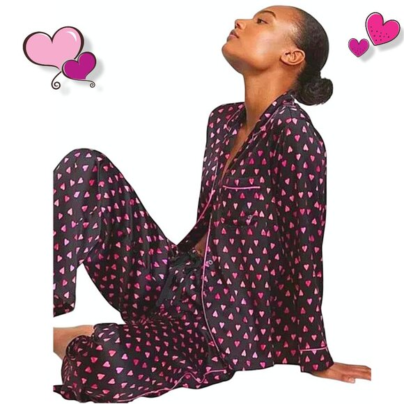 Victoria's Secret Satin Long Pajama Set Lounge Sleep Black Pink Hearts PJs Small - Picture 4 of 14
